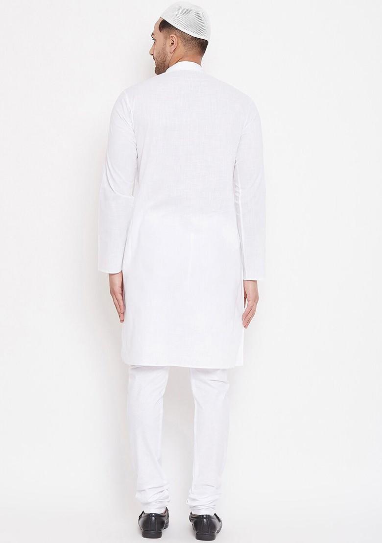White Solid Poly Blend Kurta Set For Men