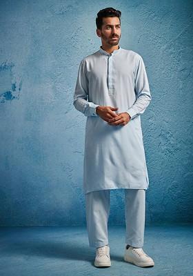 Blue Solid Poly Blend Kurta Set For Men