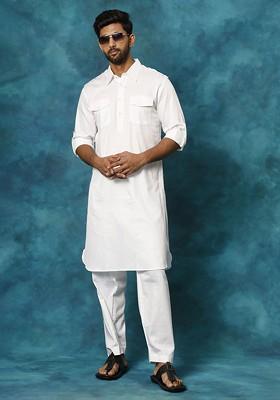 White Solid Poly Blend Kurta Set For Men