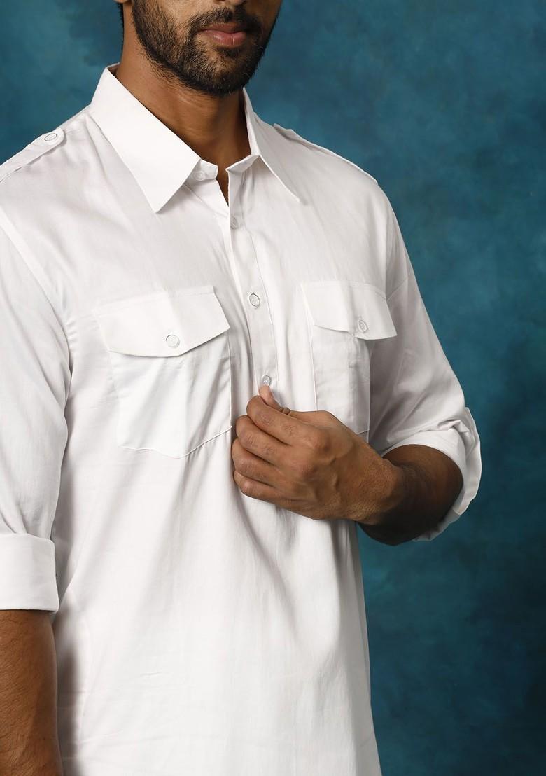 White Solid Poly Blend Kurta Set For Men
