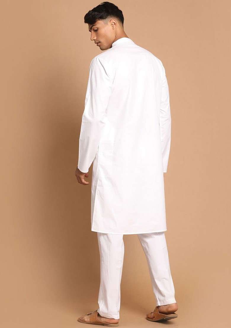 White Solid Cotton Kurta Set For Men - Indya