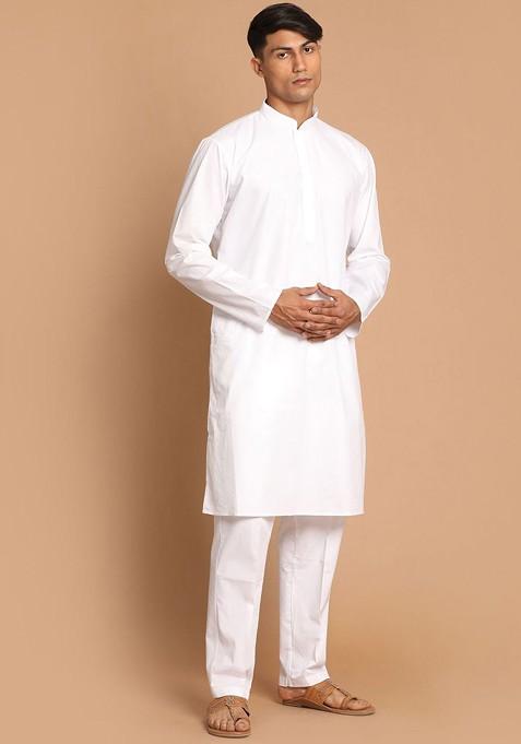 White Solid Cotton Kurta Set For Men