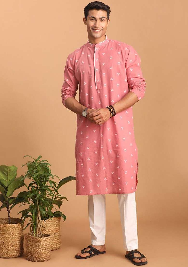 Pink Woven Cotton Kurta Set For Men - Indya