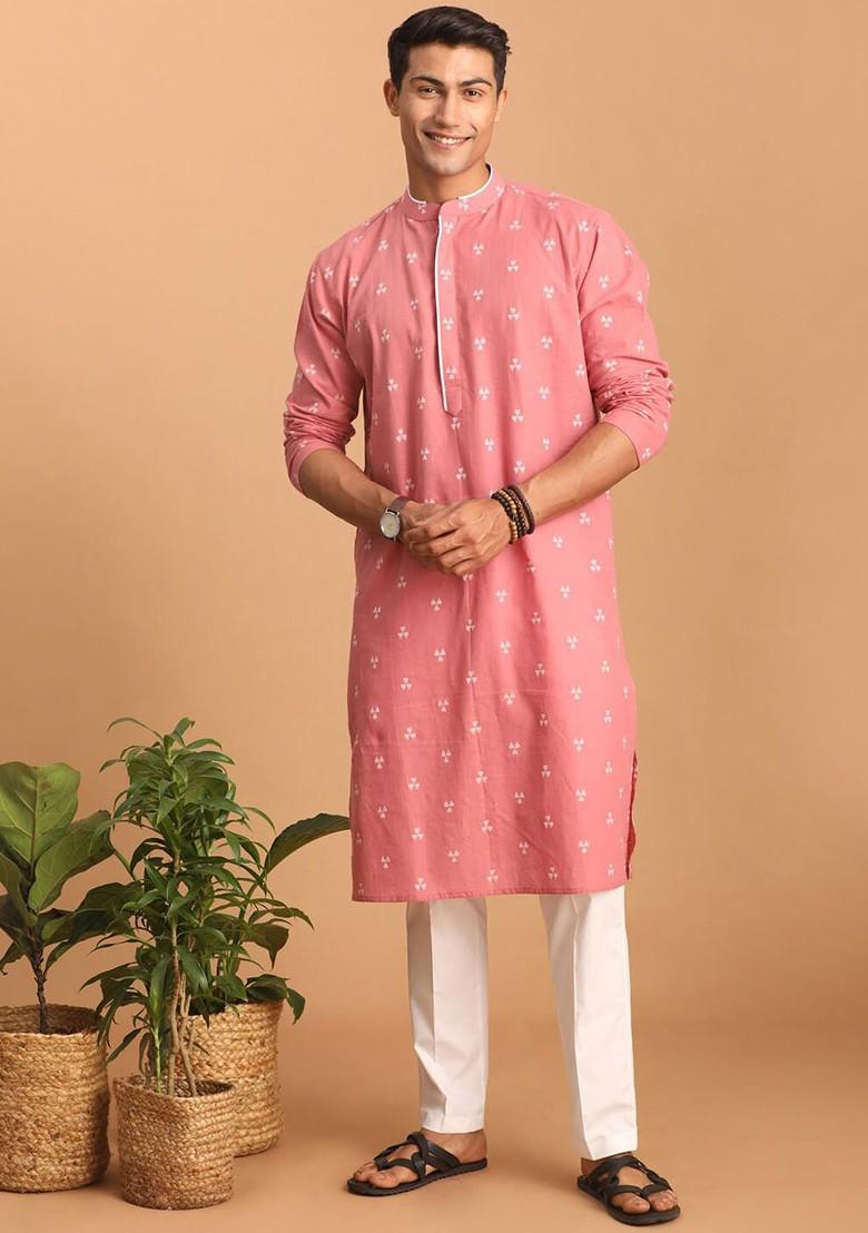Pink Woven Cotton Kurta Set For Men