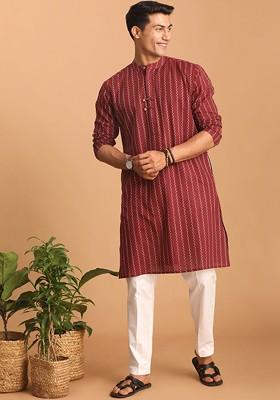 Maroon Woven Cotton Kurta Set For Men