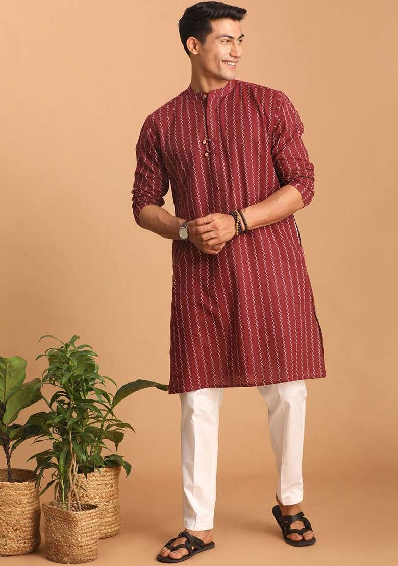 Maroon Woven Cotton Kurta Set For Men - Indya