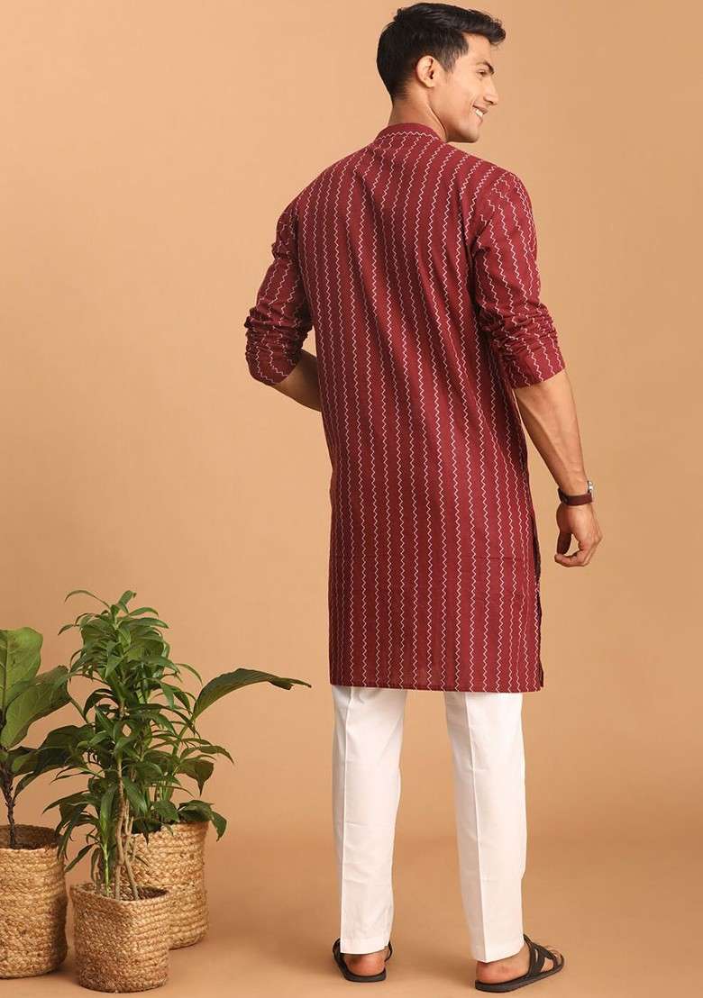Maroon Woven Cotton Kurta Set For Men - Indya