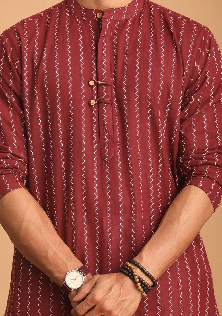 Maroon Woven Cotton Kurta Set For Men