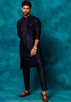 Navy Blue Floral Print Poly Blend Kurta Set For Men