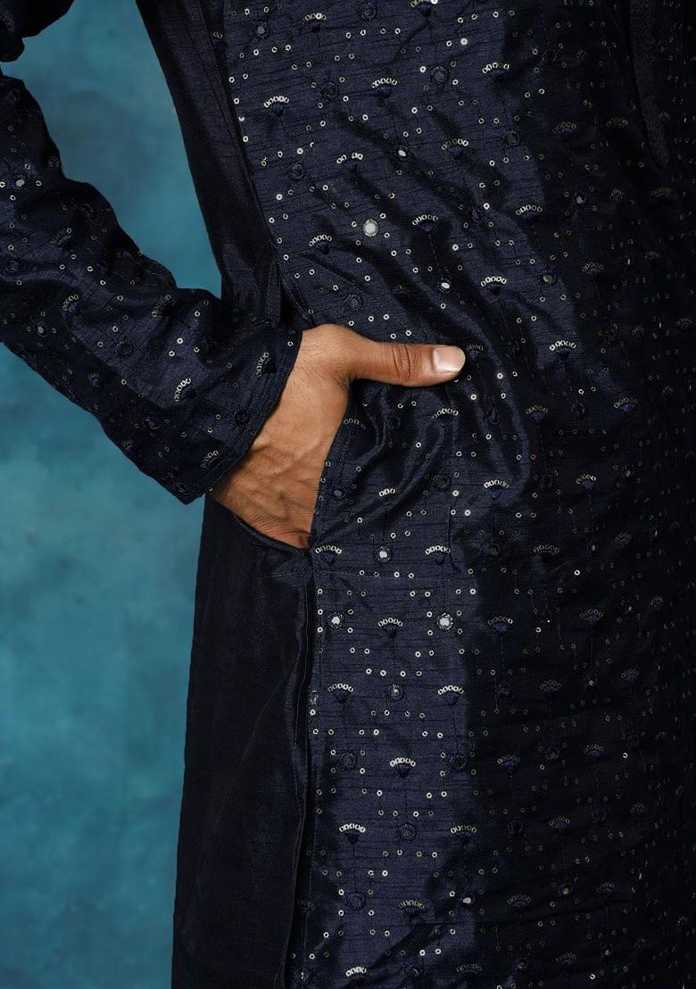 Navy Blue Floral Print Poly Blend Kurta Set For Men