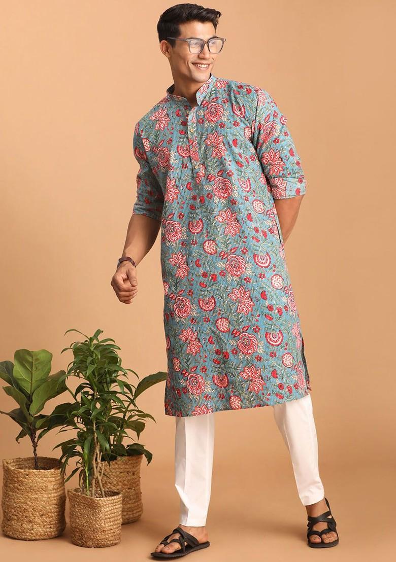 Turquoise Blue Floral Print Cotton Kurta Set For Men