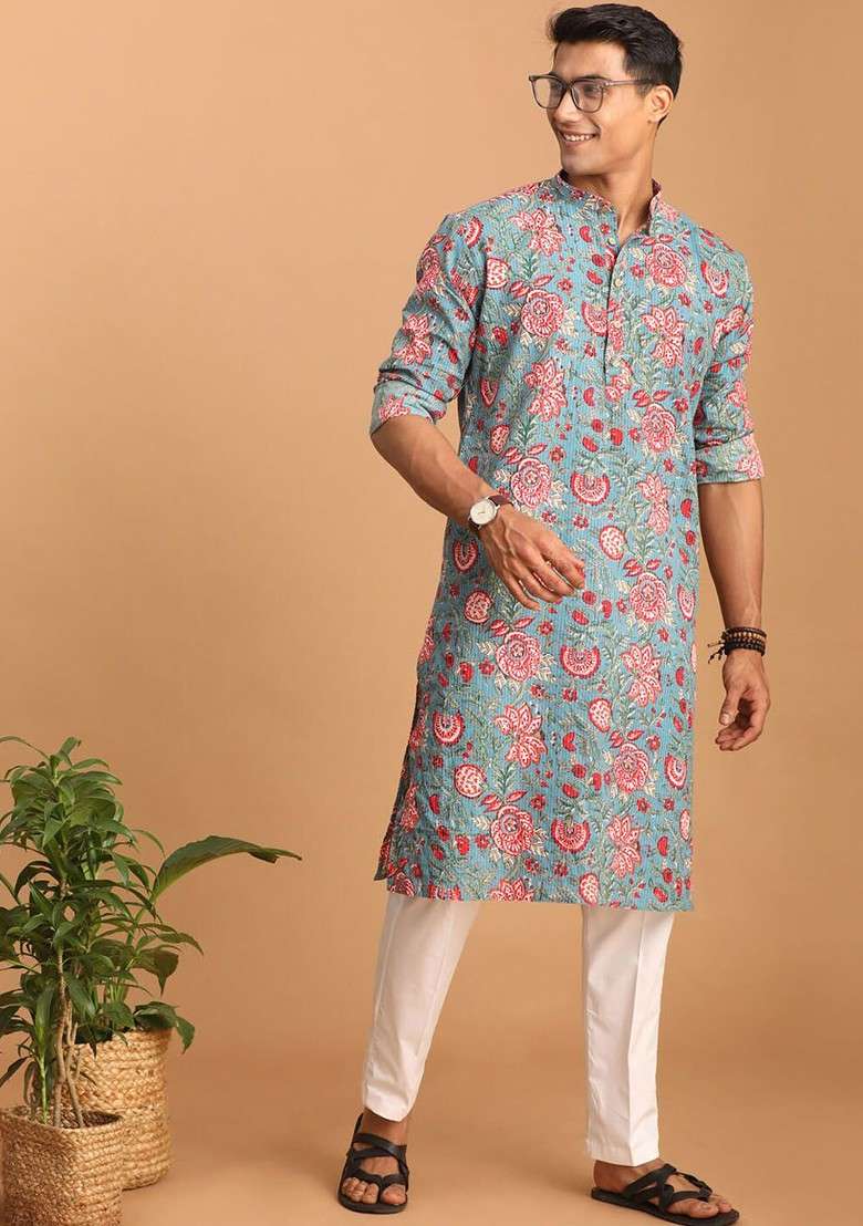 Turquoise Blue Floral Print Cotton Kurta Set For Men - Indya