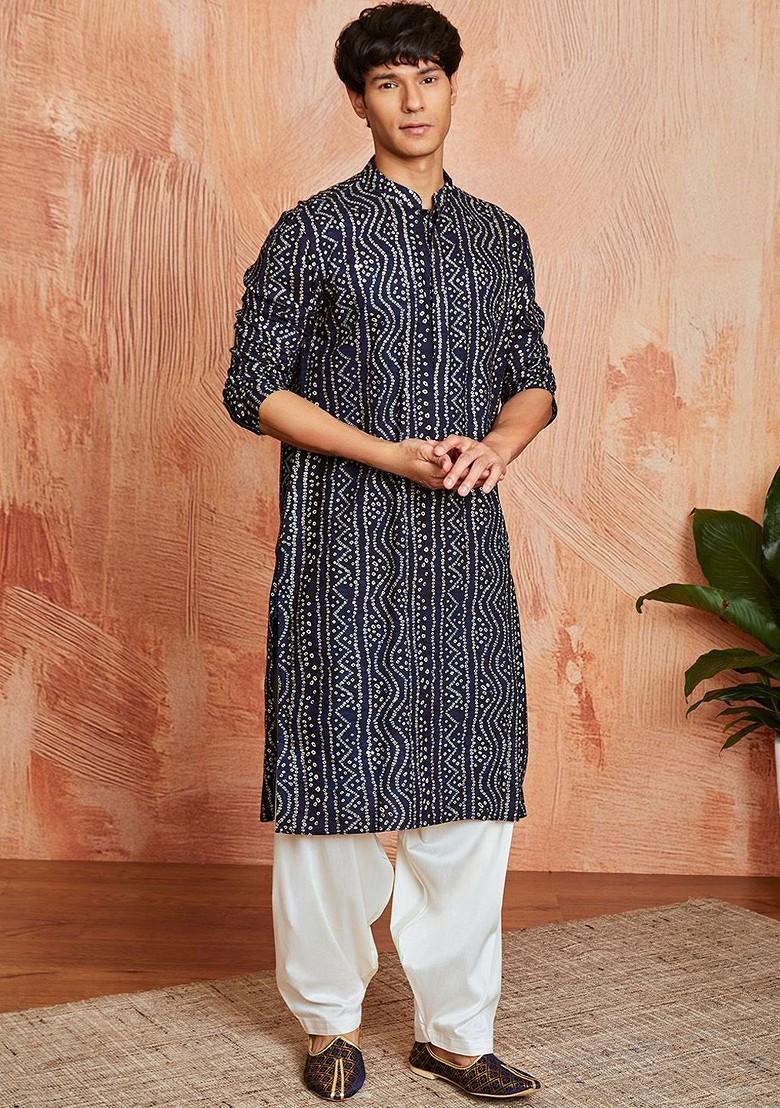 Black Bandhani Print Poly Blend Kurta Set For Men