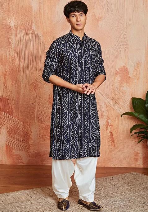 Black Bandhani Print Poly Blend Kurta Set For Men