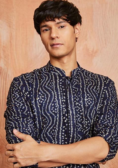 Black Bandhani Print Poly Blend Kurta Set For Men