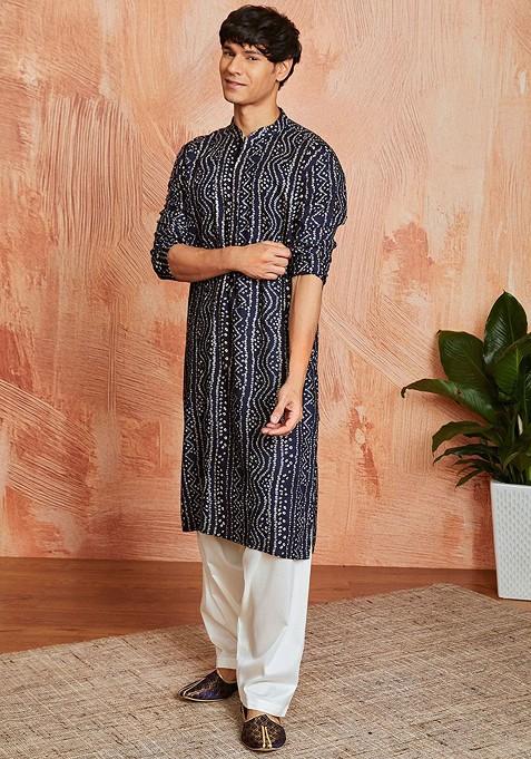 Black Bandhani Print Poly Blend Kurta Set For Men