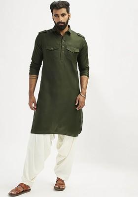 Olive Solid Poly Blend Kurta Set For Men