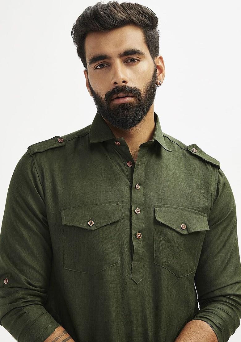 Olive Solid Poly Blend Kurta Set For Men