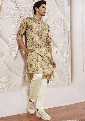 Brown Floral Print Poly Blend Kurta Set For Men