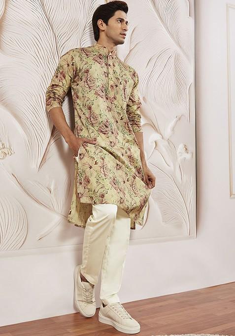 Brown Floral Print Poly Blend Kurta Set For Men