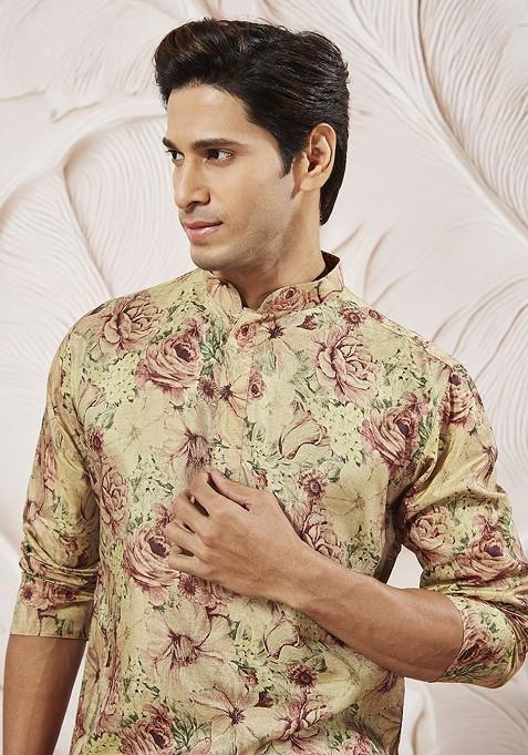 Brown Floral Print Poly Blend Kurta Set For Men