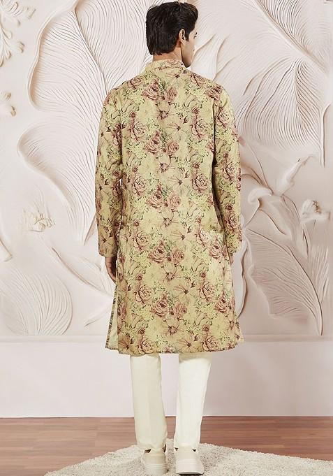 Brown Floral Print Poly Blend Kurta Set For Men