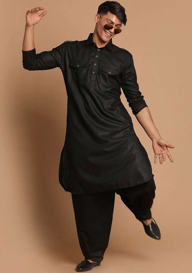 Black Solid Poly Blend Kurta Set For Men - Indya