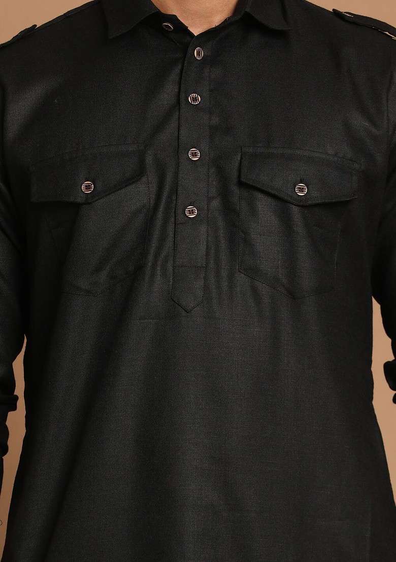 Black Solid Poly Blend Kurta Set For Men - Indya