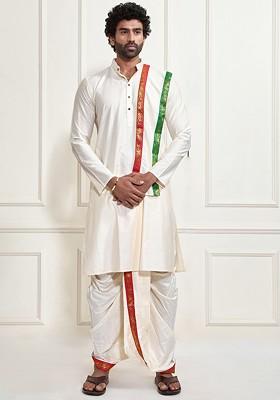 Cream Solid Poly Blend Kurta Set For Men
