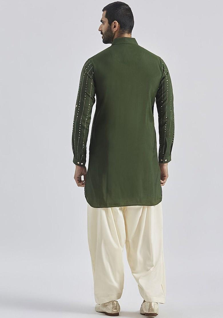 Green Printed Poly Blend Kurta Set For Men