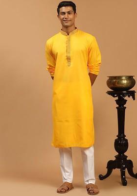 Yellow Thread Work Poly Blend Kurta Set For Men