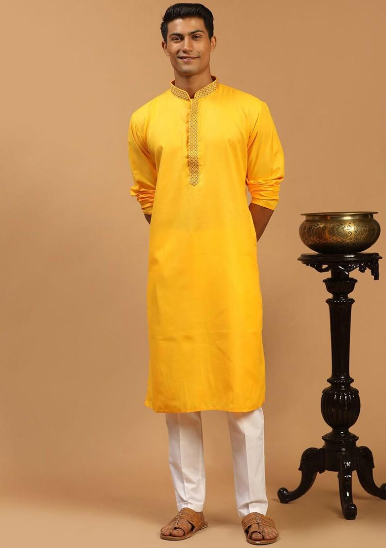 Yellow Thread Work Poly Blend Kurta Set For Men
