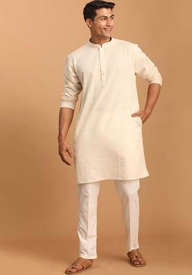 Cream Solid Poly Blend Kurta Set For Men