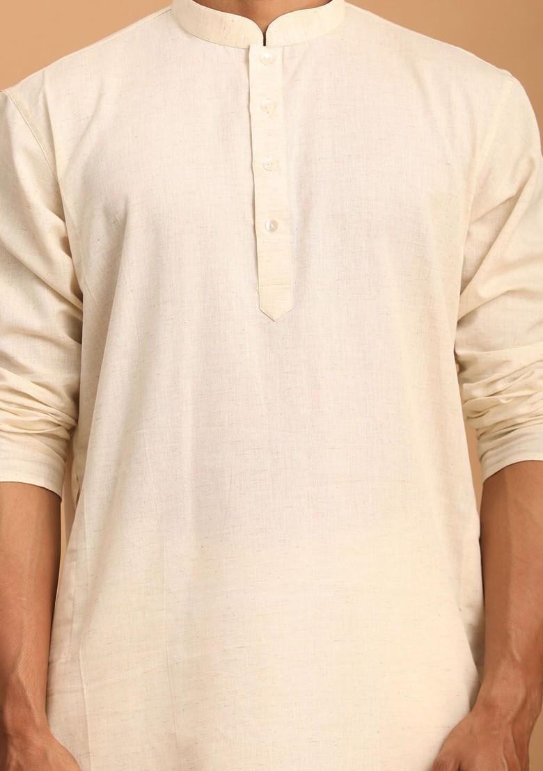 Cream Solid Poly Blend Kurta Set For Men
