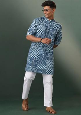 Blue Floral Print Poly Blend Kurta Set For Men