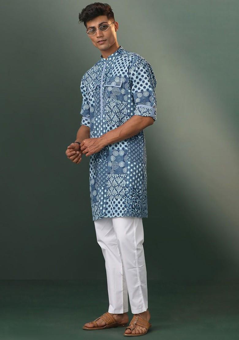 Blue Floral Print Poly Blend Kurta Set For Men