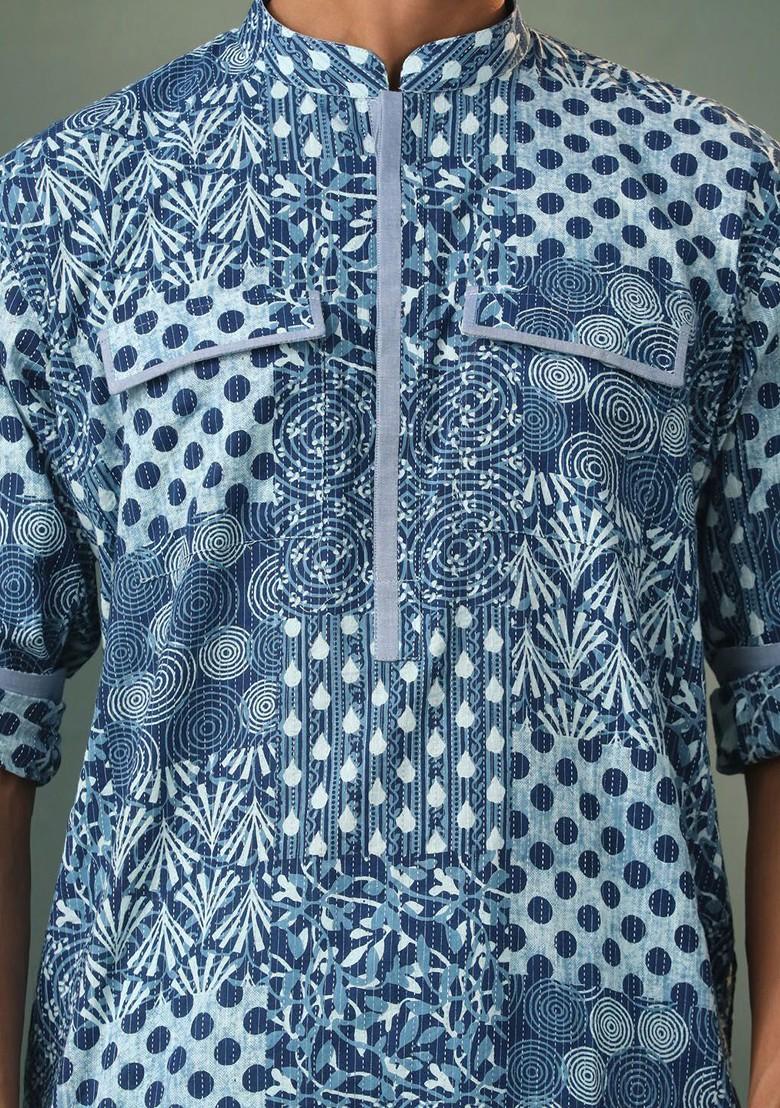 Blue Floral Print Poly Blend Kurta Set For Men