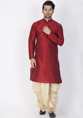 Maroon Solid Poly Blend Kurta Set For Men