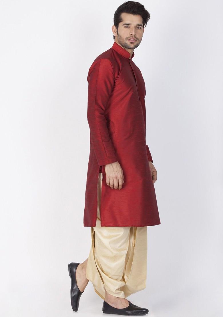 Maroon Solid Poly Blend Kurta Set For Men