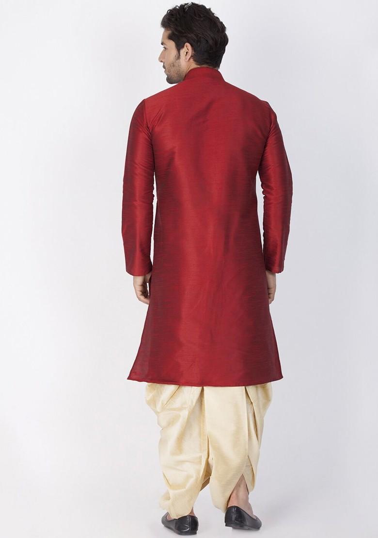 Maroon Solid Poly Blend Kurta Set For Men