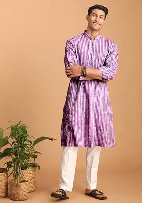 Lavender Ethnic Motifs Cotton Kurta Set For Men