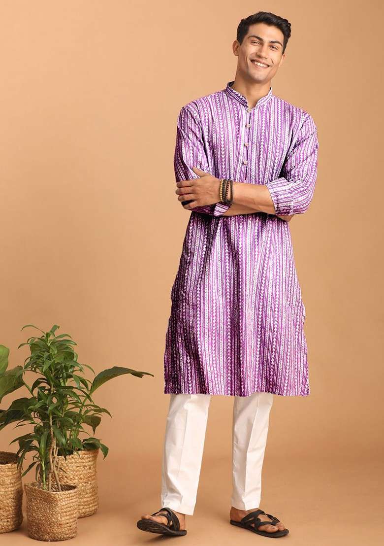 Lavender Ethnic Motifs Cotton Kurta Set For Men - Indya