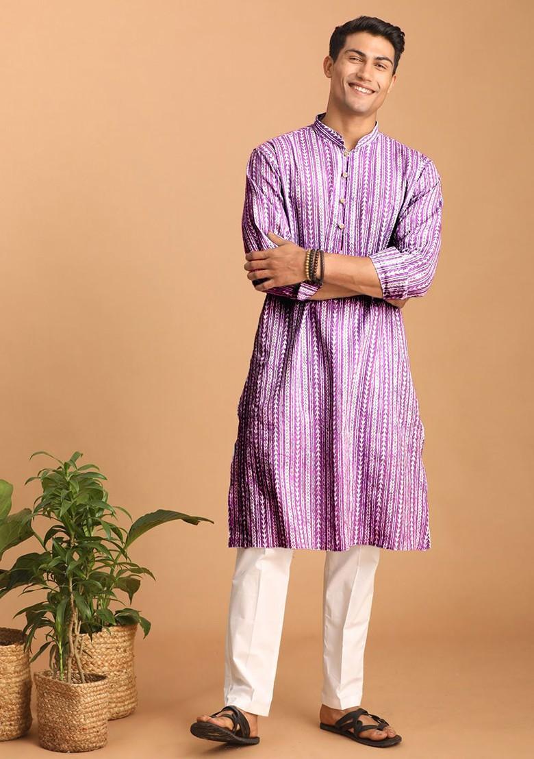 Lavender Ethnic Motifs Cotton Kurta Set For Men