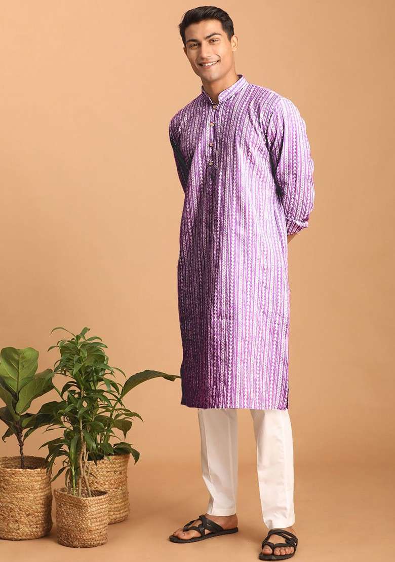 Lavender Ethnic Motifs Cotton Kurta Set For Men - Indya