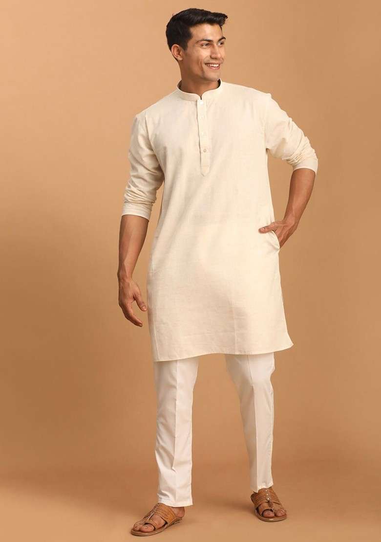 Cream Solid Cotton Kurta Set For Men - Indya