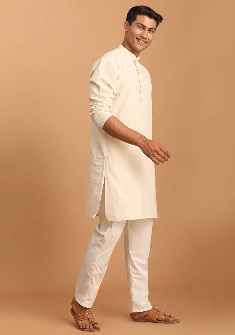 Cream Solid Cotton Kurta Set For Men - Indya