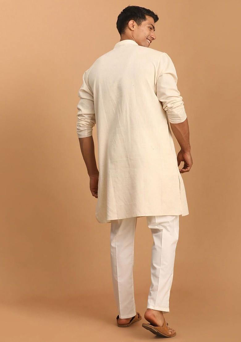 Cream Solid Cotton Kurta Set For Men
