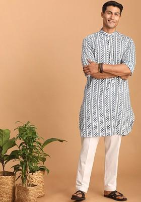 White Ethnic Motifs Cotton Kurta Set For Men