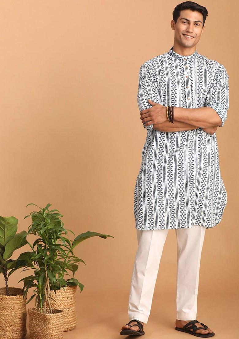 White Ethnic Motifs Cotton Kurta Set For Men
