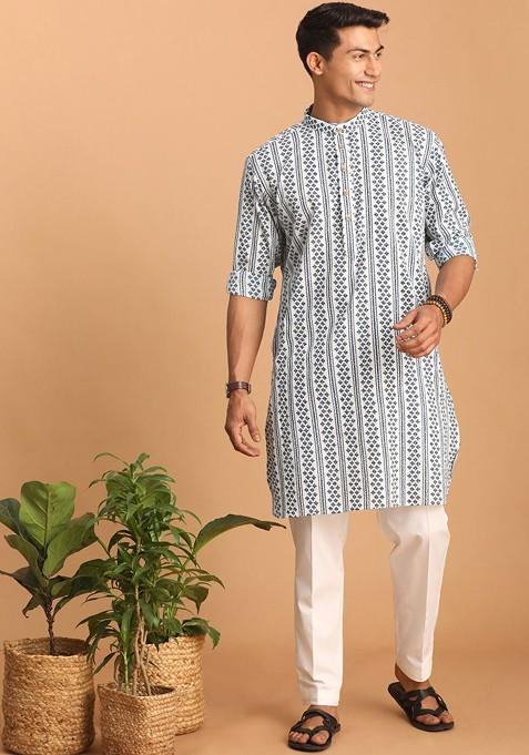 White Ethnic Motifs Cotton Kurta Set For Men